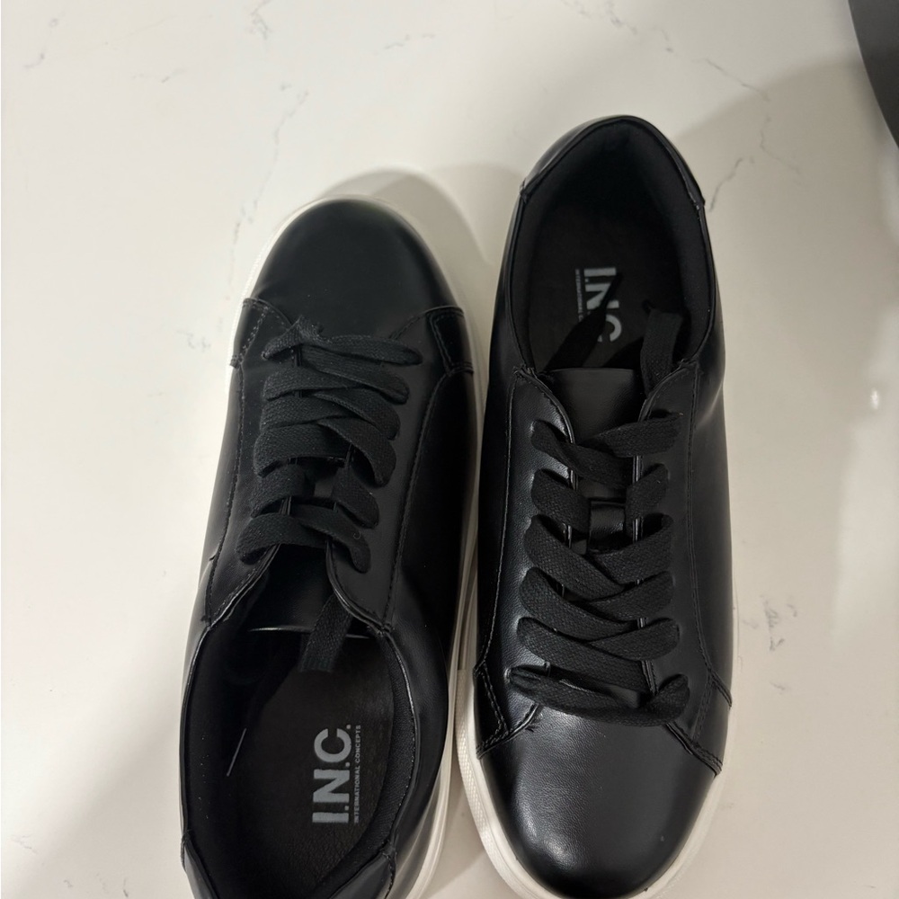 INC International Concepts Men’s Black Leather Lace-Up Sneakers with White Sole